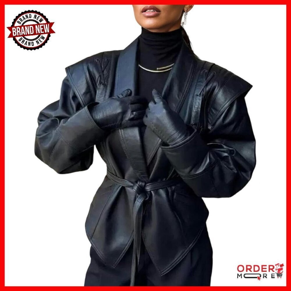 Oversized Faux Leather Motorcycle Jacket with Belt, Lace-Up, Bubble Sleeves